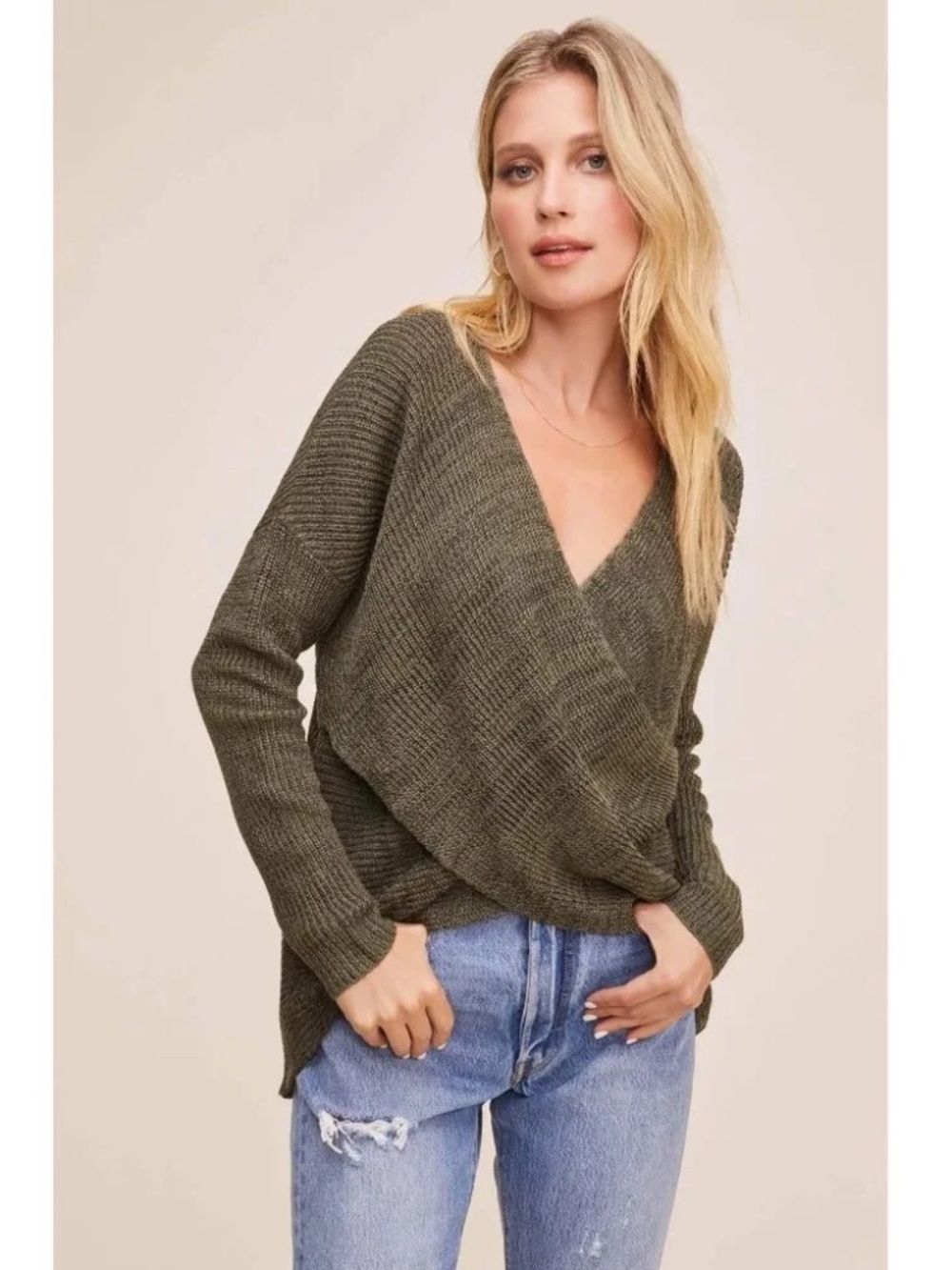 ASTR The Label Wrap Front Sweater Medium Olive Green V Neck Knit Pullover